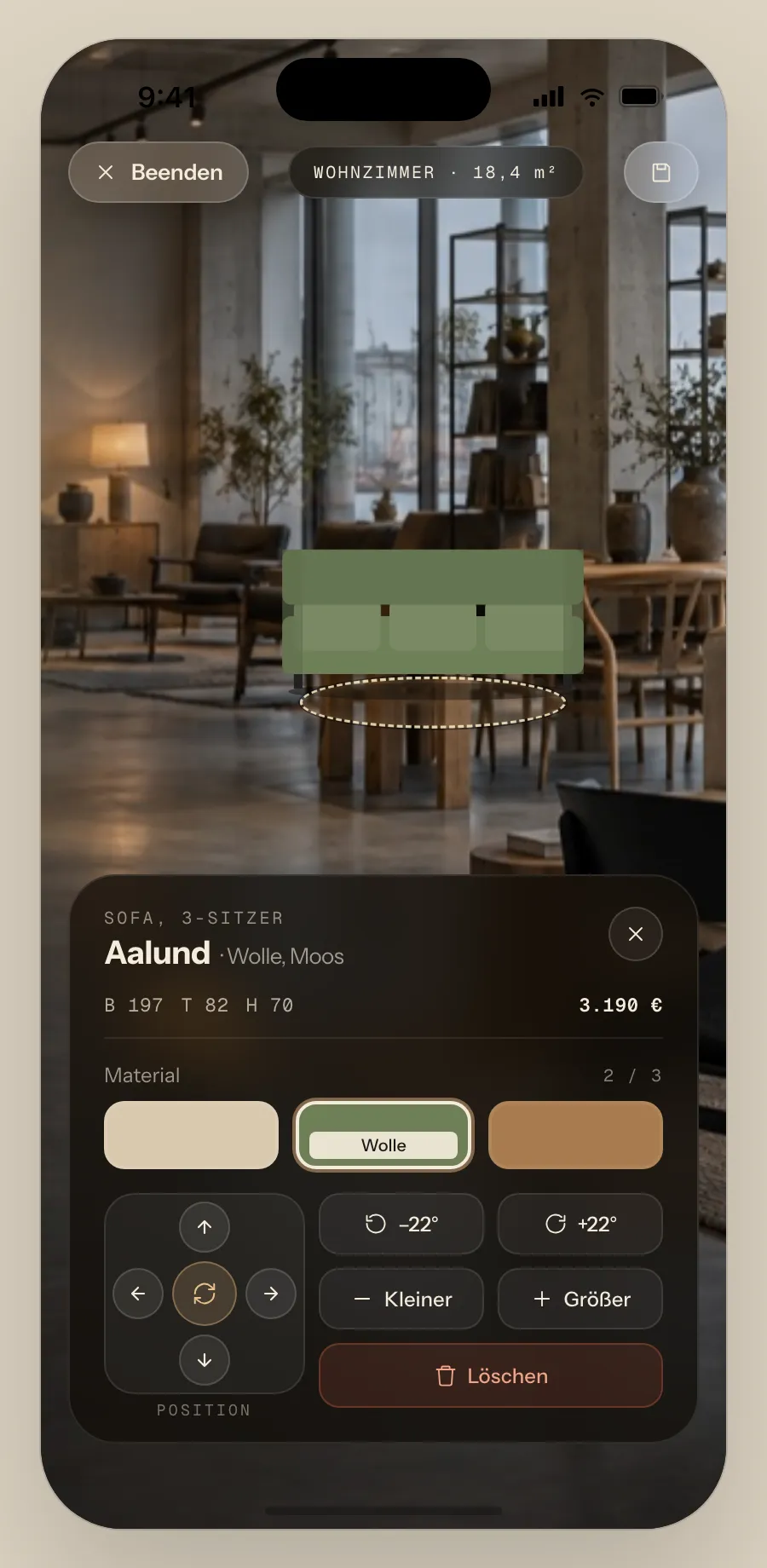 Prototyp der AR-Raumplanung: ein Sofa steht im Wohnraum, darunter die Auswahl des Bezugsstoffs